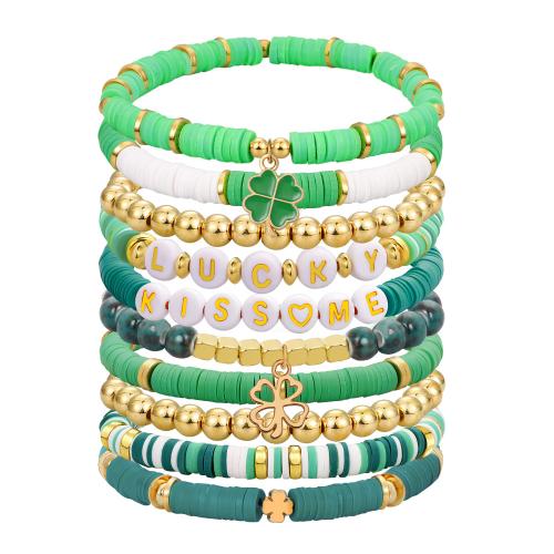 Pulseras de Moda, Arcilla polimero, con Hilo elástico & plástico recubierto de cobre & Acrílico, hecho a mano, 10 piezas & Joyería & para mujer, color mixto, longitud aproximado 17 cm, Vendido por Set