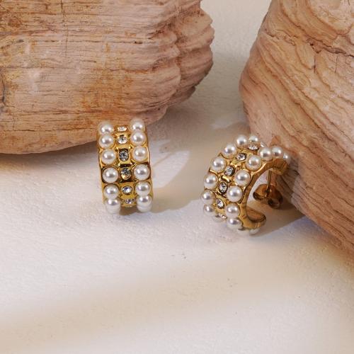 Roestvrij staal Stud Earrings, 304 roestvrij staal, met Plastic Pearl, plated, micro pave zirconia & voor vrouw, gouden, Verkocht door PC