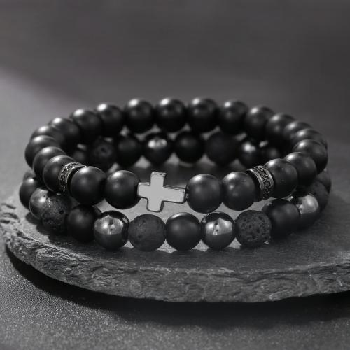 Gemstone Bracelets Hematite with Lava 2 pieces & Unisex Sold By PC