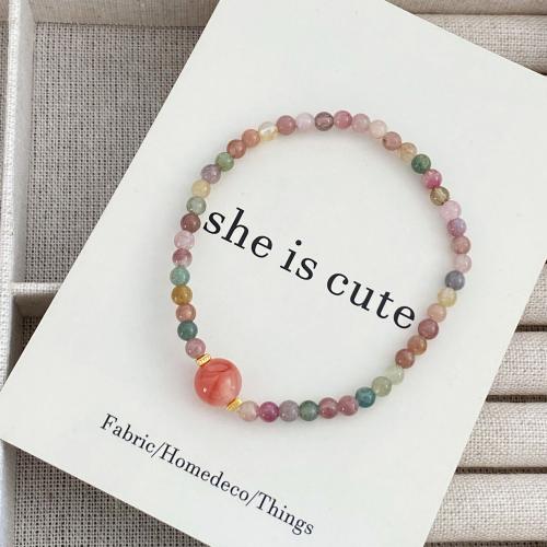 Bracelets de pierres précieuses, tourmaline, avec fil élastique, pour femme, rose, Longueur 17 cm, Vendu par PC