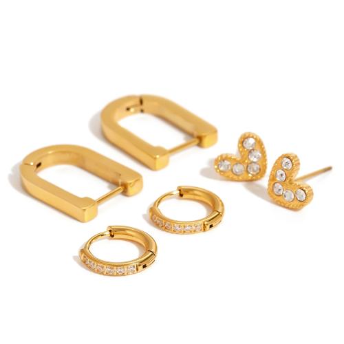 Roestvrij staal Stud Earrings, 304 roestvrij staal, gold plated, drie stuks & mode sieraden & met strass, gouden, Verkocht door Stel