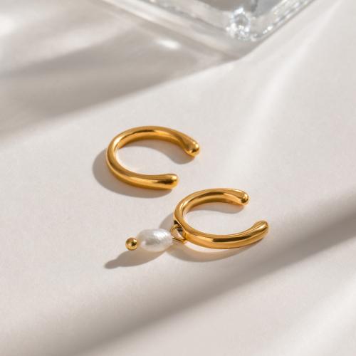 Fashion Earring Cuff and Wraps 304 Stainless Steel with ABS Plastic Pearl gold color plated fashion jewelry golden Sold By Pair