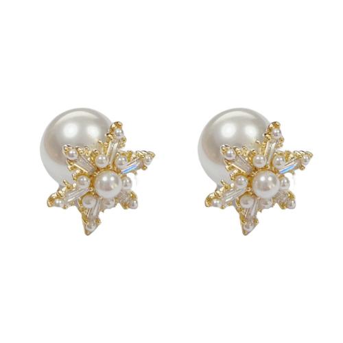 Brass Stud Earring with ABS Plastic Pearl gold color plated fashion jewelry & with rhinestone gold nickel lead & cadmium free Sold By Pair