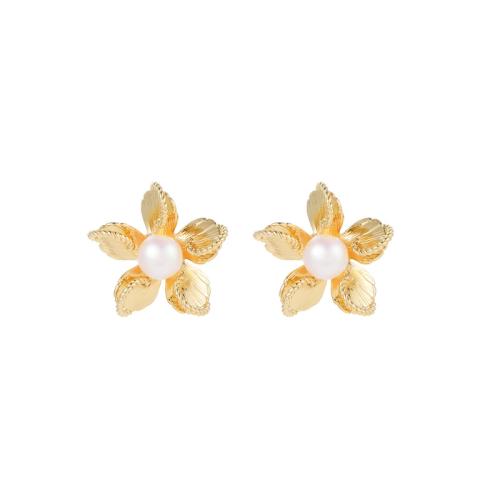 Brass Stud Earring with ABS Plastic Pearl gold color plated fashion jewelry gold nickel lead & cadmium free Sold By Pair