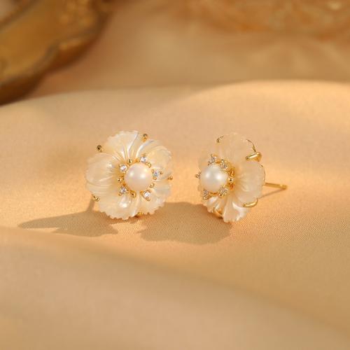 Brass Stud Earring with ABS Plastic Pearl & Shell Flower gold color plated fashion jewelry & with rhinestone white nickel lead & cadmium free Sold By Pair