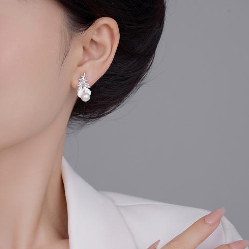 Ciúbach Zirconia Micrimhilseogra réiteodh Earring Prás, le ABS Pearl plaisteach & Shell, dath airgid plated, jewelry faisin & micrea réiteach zirconia ciúbach, airgid, nicil, luaidhe & caidmiam saor in aisce, 12x23mm, Díolta De réir Péire