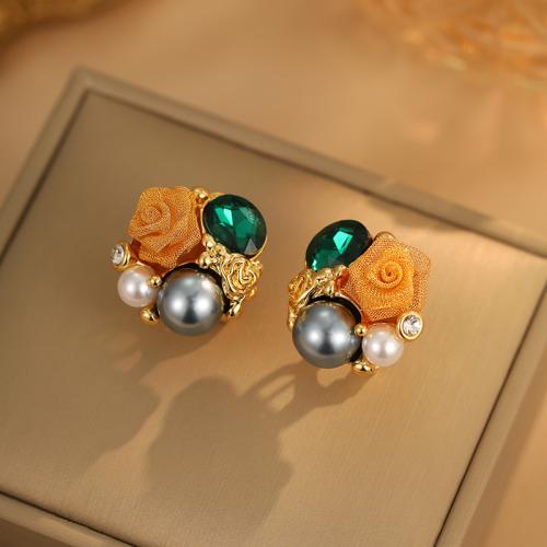 Brass Stud Earring with ABS Plastic Pearl & Crystal plated fashion jewelry mixed colors nickel lead & cadmium free Sold By Pair