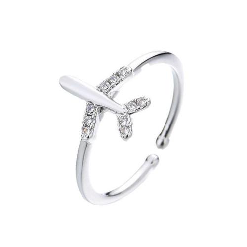 Cúbicos Circonia Micro Pave anillo de latón, metal, Avión, chapado, micro arcilla de zirconia cúbica & para mujer, color de platina, Vendido por UD