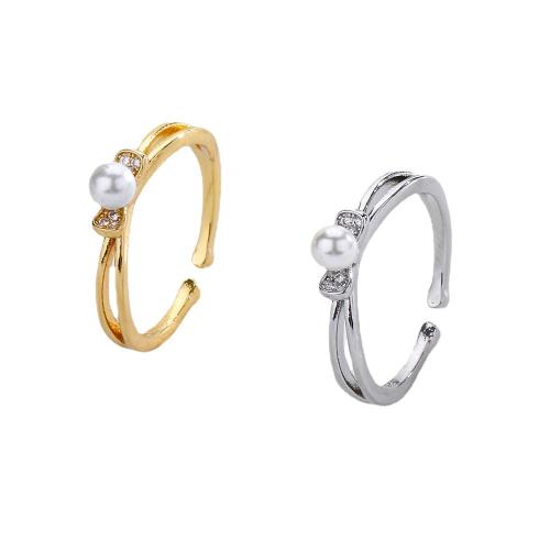 Cubic Zirconia Micro Pave Brass Ring with Plastic Pearl Bowknot plated micro pave cubic zirconia & for woman Sold By PC