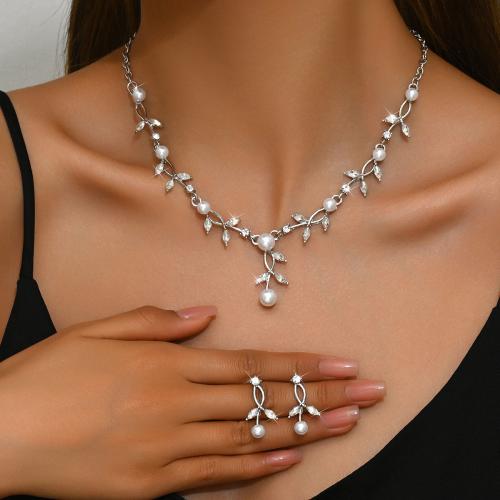 Rhinestone Jewelry Set with Plastic Pearl & Zinc Alloy plated 2 pieces & for woman Sold By Set