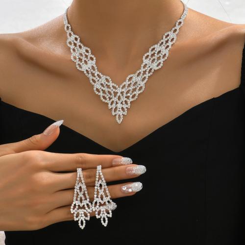 Rhinestone Jewelry Set earring & necklace with Zinc Alloy plated 2 pieces & for woman Sold By Set