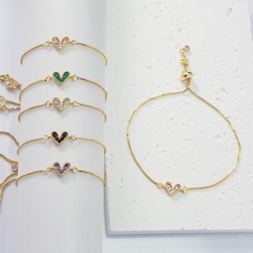 Bracelet cubique en laiton zircon pavent, coeur, Placage de couleur d'or, pavé de micro zircon & pour femme, plus de couleurs à choisir, protéger l'environnement, sans nickel, plomb et cadmium, Longueur 14 cm, Vendu par PC