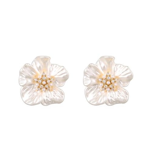 Cubic Zirconia Micro Pave Brass Earring with ABS Plastic Pearl Flower gold color plated fashion jewelry & micro pave cubic zirconia white nickel lead & cadmium free Sold By Pair