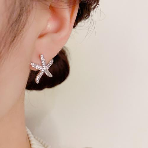 Brass Stud Earring Starfish plated fashion jewelry & with rhinestone nickel lead & cadmium free Sold By Pair