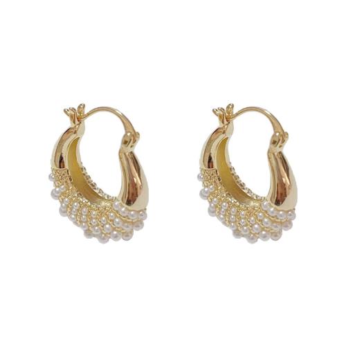 Pendientes de Palanca Hacia Atrás en Latón, metal, con Perlas de plástico ABS, chapado en color dorado, Joyería, dorado, libre de níquel, plomo & cadmio, 19.60x23.70mm, Vendido por Par