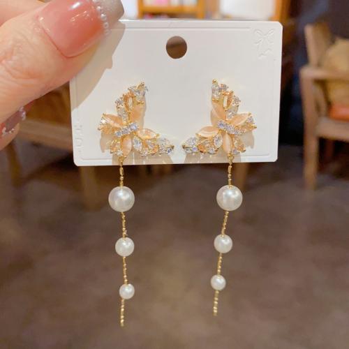 Cubic Zirconia Micro Pave Brass Earring with ABS Plastic Pearl gold color plated fashion jewelry & micro pave cubic zirconia golden nickel lead & cadmium free Sold By Pair