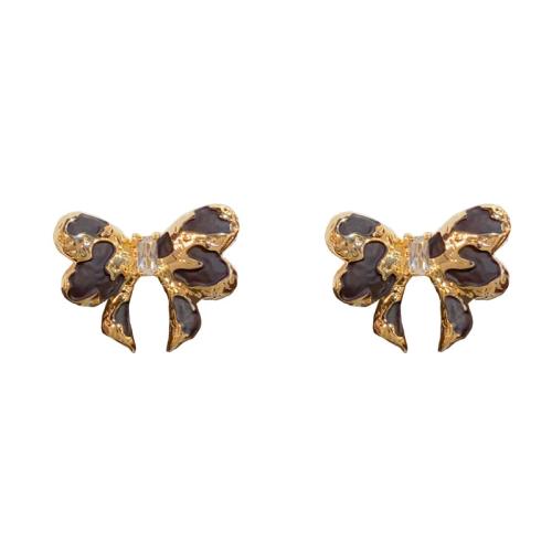 Brass Stud Earring Bowknot plated fashion jewelry & enamel & with rhinestone nickel lead & cadmium free Sold By Pair