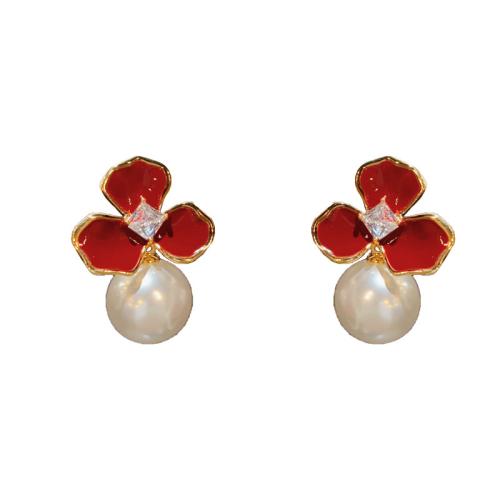 Brass Drop Earring with ABS Plastic Pearl gold color plated fashion jewelry & enamel & with rhinestone golden nickel lead & cadmium free Sold By Pair