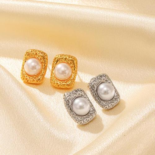 Roestvrij staal Stud Earrings, 304 roestvrij staal, met Plastic Pearl, Rechthoek, plated, mode sieraden & voor vrouw, meer kleuren voor de keuze, Verkocht door pair