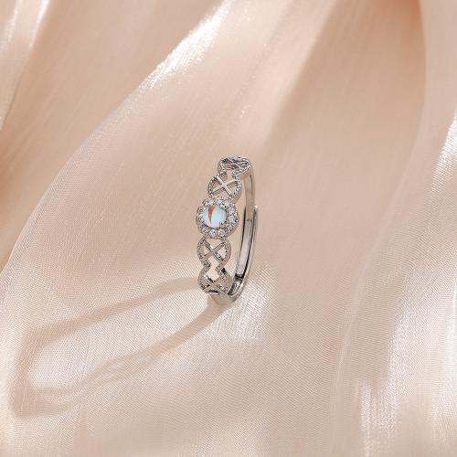 Cubic Zirconia Micro Pave Brass Ring with Moonstone plated micro pave cubic zirconia & for woman platinum color Sold By PC