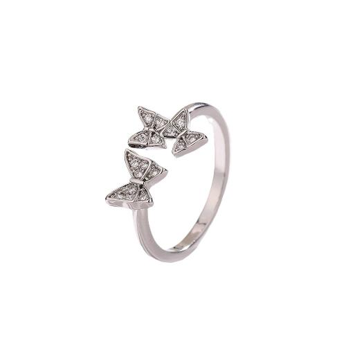 Cúbicos Circonia Micro Pave anillo de latón, metal, Mariposa, chapado, micro arcilla de zirconia cúbica & para mujer, color de platina, Vendido por UD