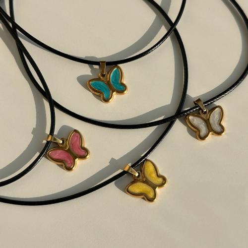 Collier d'acier titane, papillon, pour femme & émail, plus de couleurs à choisir, Longueur 21-50 cm, Vendu par PC