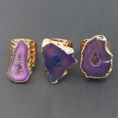 Agate Finger Ring Brass with Purple Agate gold color plated Adjustable & for woman purple nickel lead & cadmium free Sold By PC