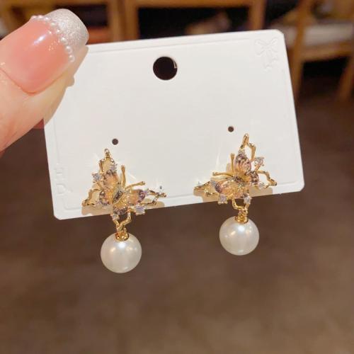 Pendientes de Gota en Latón, metal, con Perlas de plástico ABS, chapado en color dorado, Joyería & con diamantes de imitación, dorado, libre de níquel, plomo & cadmio, 19.20x30.50mm, Vendido por Par