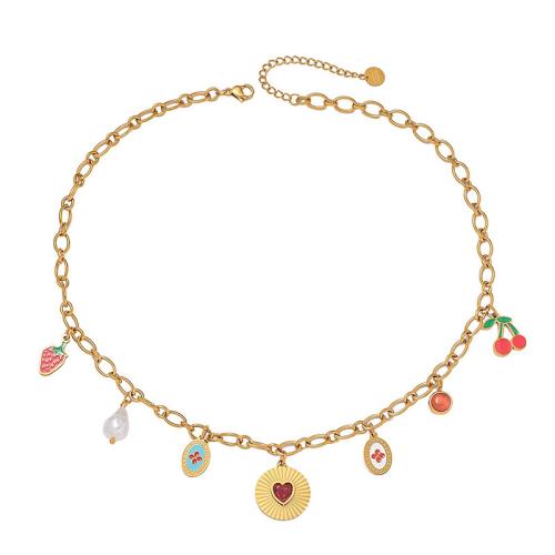 Collier de bijoux en acier inoxydable, Acier inoxydable 304, avec perle de plastique, avec 2.16 Inch chaînes de rallonge, Placage, pour femme & émail & avec strass, doré, Longueur 15.75 pouce, Vendu par PC