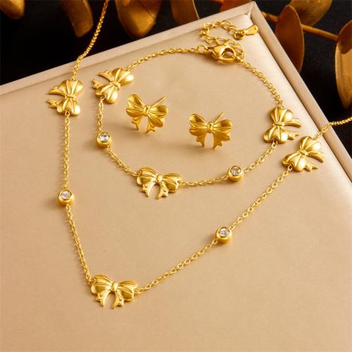 Rhinestone Stainless Steel Jewelry Set 304 Stainless Steel Bowknot gold color plated & for woman & with rhinestone Sold By Set