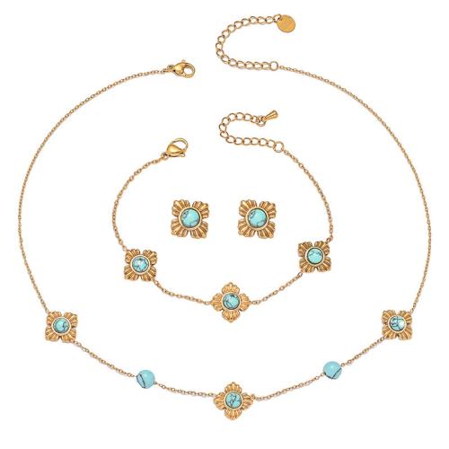 Conjuntos de joyería de acero inoxidable, acero inoxidable 304, con turquesa, chapado, diferentes estilos para la opción & para mujer, dorado, Vendido por Set