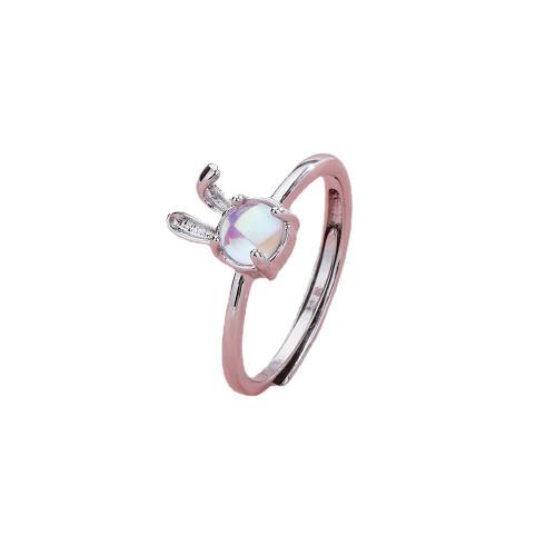 Brass Finger Ring with Moonstone Rabbit plated for woman platinum color Sold By PC