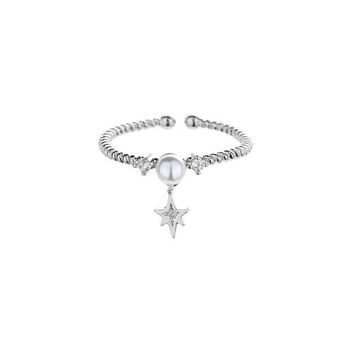 Kubisk Circonia Micro bane messing Ring, med Plastic Pearl, forgyldt, Micro Pave cubic zirconia & for kvinde, platin farve, Solgt af PC