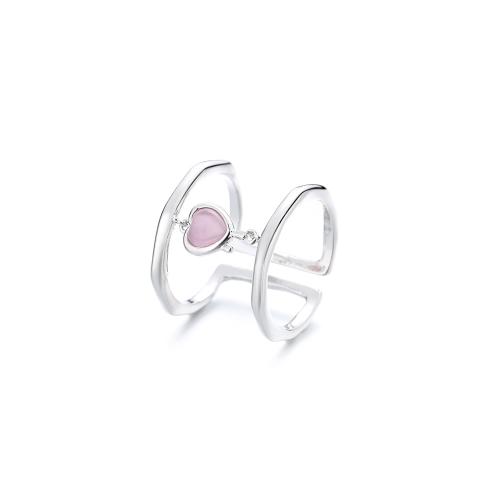 Brass Finger Ring with Cats Eye Heart plated for woman platinum color Sold By PC