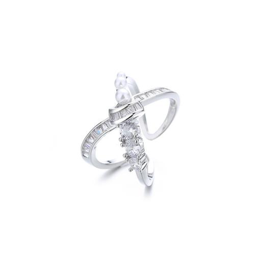 Kubisk Circonia Micro bane messing Ring, med Plastic Pearl, forgyldt, Micro Pave cubic zirconia & for kvinde, platin farve, Solgt af PC