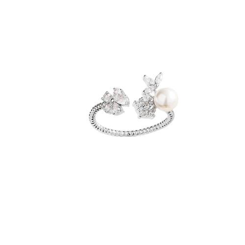 Kubisk Circonia Micro bane messing Ring, med Plastic Pearl, forgyldt, Micro Pave cubic zirconia & for kvinde, platin farve, Solgt af PC