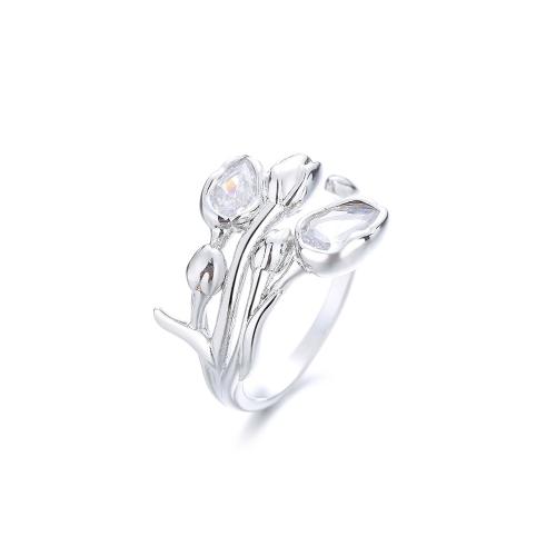 Cúbicos Circonia Micro Pave anillo de latón, metal, Tulipán, chapado, micro arcilla de zirconia cúbica & para mujer, color de platina, Vendido por UD