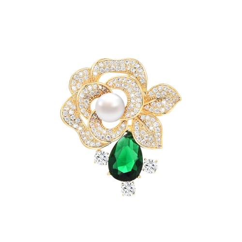 Fashion Brooch Jewelry Brass with Freshwater Pearl plated micro pave cubic zirconia & for woman golden Sold By PC