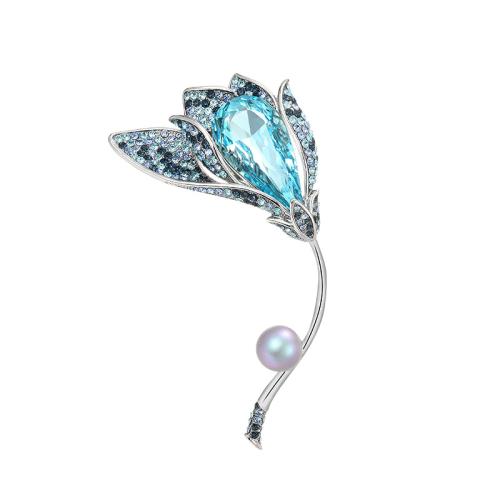 Crystal Brooch Brass with Austrian Crystal plated micro pave cubic zirconia & for woman silver color Sold By PC