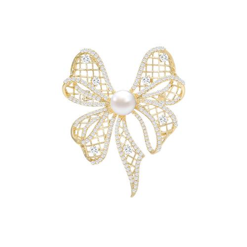 Freshwater Pearl Broche, Messing, med Ferskvandsperle, forgyldt, Micro Pave cubic zirconia & for kvinde, gylden, 47x57mm, Solgt af PC