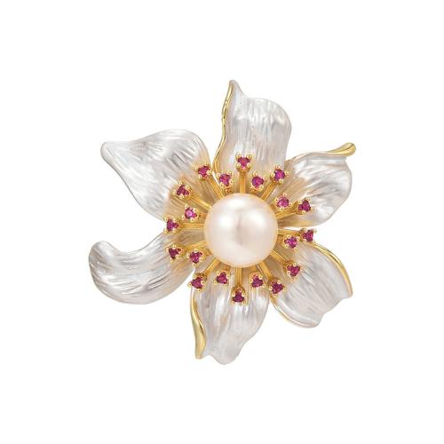 Freshwater Pearl Broche, Messing, med Ferskvandsperle, forgyldt, Micro Pave cubic zirconia & for kvinde & emalje, gylden, 36x33mm, Solgt af PC