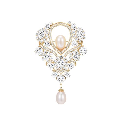 Freshwater Pearl Broche, Messing, med Ferskvandsperle, forgyldt, Micro Pave cubic zirconia & for kvinde, gylden, 40x64mm, Solgt af PC