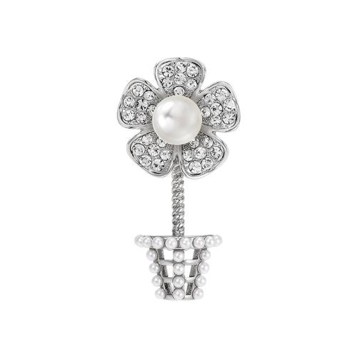 Broches de Moda, metal, con Shell Pearl, chapado, micro arcilla de zirconia cúbica & para mujer, plateado, 40x19mm, Vendido por UD