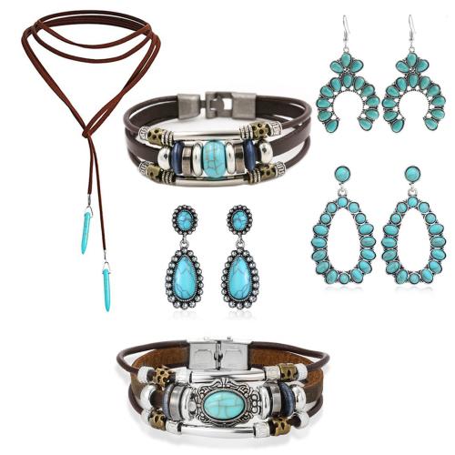 Zinc Alloy Smykker Set, med turkis & PU, forgyldt, Boheme stil & forskellige stilarter for valg & for kvinde, bracelet length 7-9inch, Solgt af PC