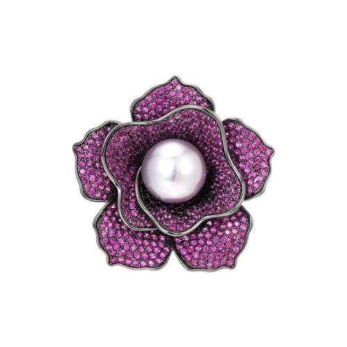 laiton broche, avec Shell Pearl, Placage, pavé de micro zircon & pour femme, argent, 36x37mm, Vendu par PC