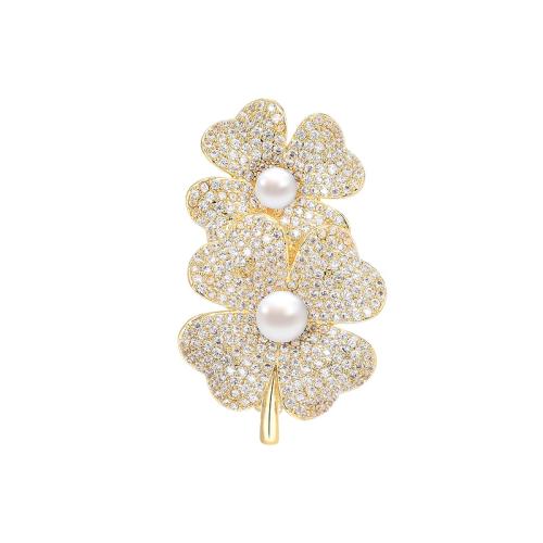 Brass Brooch with Shell Pearl plated micro pave cubic zirconia & for woman golden Sold By PC