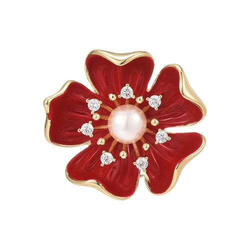 Messing Broche, met Shell Pearl, micro pave zirconia & voor vrouw, gouden, 30x33mm, Verkocht door PC