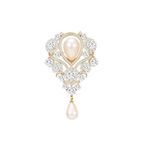 Brass Brooch with Shell Pearl plated micro pave cubic zirconia & for woman golden Sold By PC