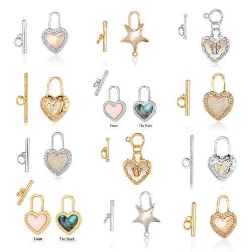 Messing toggle lås, med Shell, forgyldt, 2 stykker & Anden figur til valg & du kan DIY & Micro Pave cubic zirconia, flere farver til valg, nikkel, bly & cadmium fri, 6sæt/Bag, Solgt af Bag