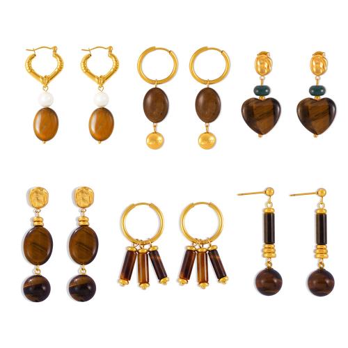 Stainless Steel Lever Back Earring 304 Stainless Steel with Tiger Eye 18K gold plated fashion jewelry & for woman Sold By Pair